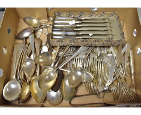 Flatware - a set of six Art Deco carved Agate handled knives, boxed;  others EPNS, qty