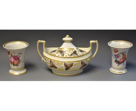 A matched pair of Chamberlains Worcester trumpet spill vases, painted with bouquets of flowers, gilt lines throughout, 9cm hi