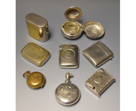 A late 19th century novelty plated vesta, as a book; other plated vestas; 19th century travelling inkwell; etc 