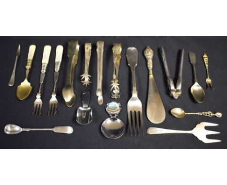 Silver and Plate - a pair of George II silver sugar tongs, London, Joseph Steward II, c.1790; others plated, caddy spoons; et
