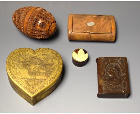 A 19th century vegetable ivory nutmeg holder, as an egg; a Victorian burr rounded rectangular snuff box; diamond jubilee bake