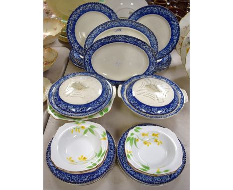 Ceramics- an Alfred Meakin Leighton pattern blue and wihte part dinner set including two tureens and covers, oval and circula