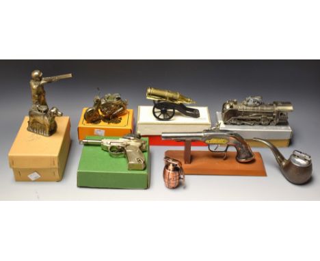 Novelty lighters - cast metal Walther P-38 pistol; motorcycle; steam engine; pistol etc