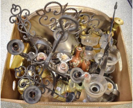 Metalware - a pair of silver plated candlesticks; pierced oval gallery tray; Reinzinn pewter chamber stick; a pair of brass c