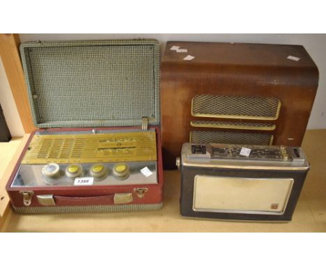 A vintage Pye portable valve radio; another Murphy; a wooden cased speaker (3)