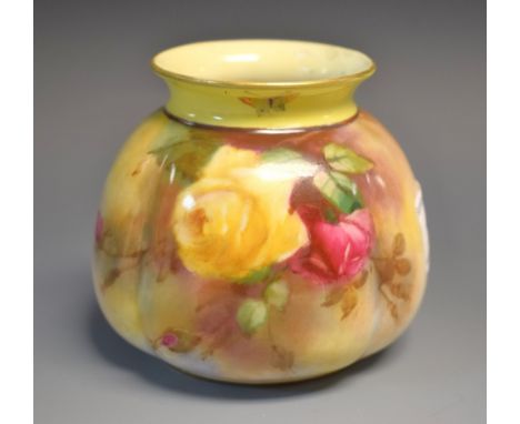 A Hadley Royal Worcester lobed ovoid vase, painted with red and yellow cabbage roses, the everted yellow rim with butterflies