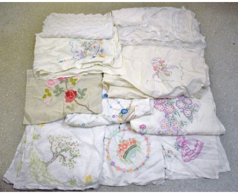 Textiles - hand embroidered linen tablecloths including English country garden flowers, crinoline lady