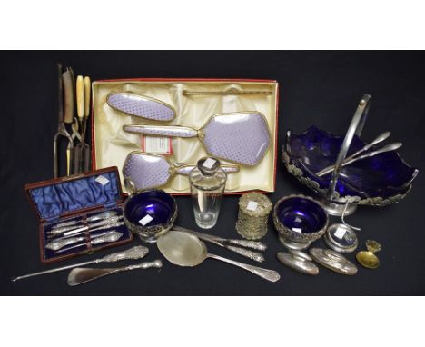 Silver and Silver Plate - a Victorian silver topped conicle clear glass flask, London 1878; a silver handled manicure set; et