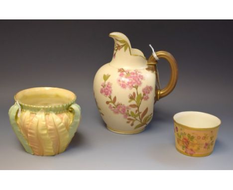 A Royal Worcester flat sided jug, printed with flower blossom on a blush ivory ground, reeded gilt loop handle, 16.5cm high, 