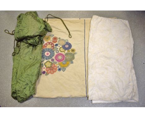 Textiles - crewelwork curtain; green silk damask curtains; hand embriodered bed cover; 