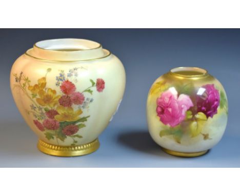 A Royal Worcester blush ivory ovoid vase, cover lacking, shape 1314, printed marks in green; a Royal Worcester ovoid vase, pr
