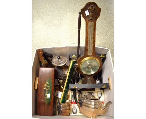 Metalware - a silver plated tea set; napkin rings; two boxed fruit spoon sets; a barometer; two oak handled brass bells; a to