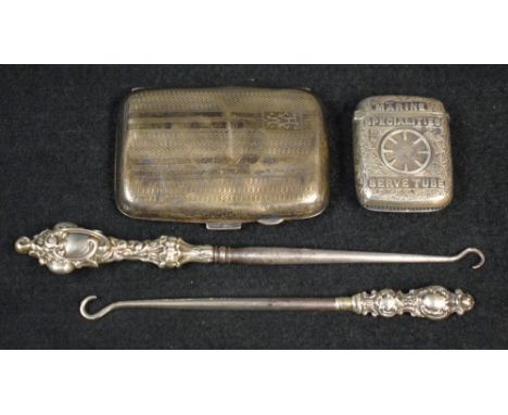 An Edwardian silver Marine Specialities Serve Tube vesta case, hallmarked; silver cigarette case; button hooks (2) 