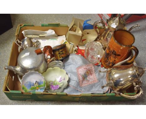 Metalware etc - a Piquot Ware teapot; a silver plated teapot, coffee pot and sugar bowl; a brown glazed ceramic cider jug pri