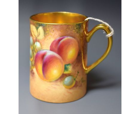 A Royal Worcester coffee can, painted by Roberts, signed, with peaches and grapes on a mossy bank, gilt interior, 7cm high, p