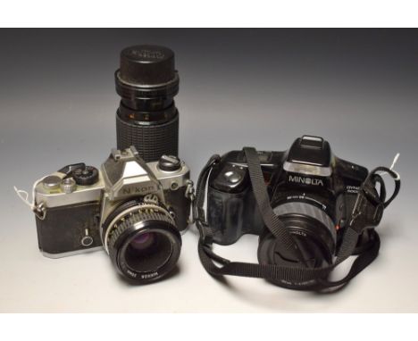 Photography - a Nikon FM SLR camera, Nikkor 50mm and Sigma 70-210 manual zomm lenses;  another Minolta Dynax 5000i SLR camera