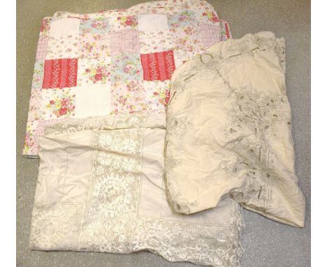 Textiles - a large Madeira tablecloth; an Edwardian linen and lace bed cover; a floral stitched quilt
