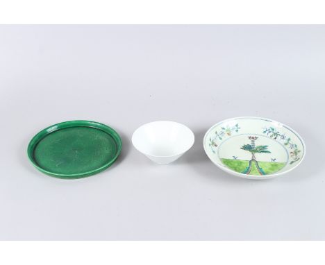 A CHINESE PORCELAIN BOWL PAINTED WITH FISH, together with a Chinese porcelain Doucai style dish and a Chinese porcelain green