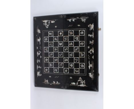 A GOOD MOTHER-OF-PEARL INLAID BACKGAMMON CHESS BOARD. 25ins long x 11ins wide.