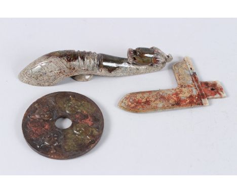 A CHINESE CARVED JADE BI DISC, BELT HOOK AND A BRACKET (3).