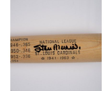 This is a natural wood-colored bat made by Hillerich and Bradsby to commemorate Stan Musial of the St. Louis Cardinals as he 