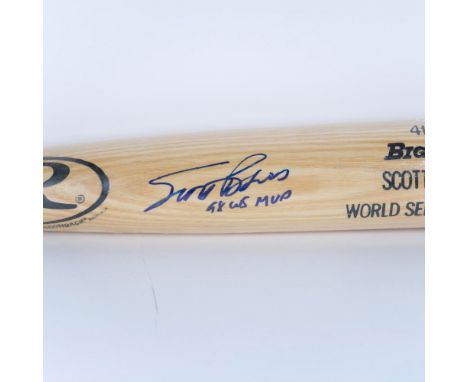 A natural-wood colored Rawlings Big Stick World Series MVP of 1998 bat personally signed by Scott Brosius. Certificate of Aut
