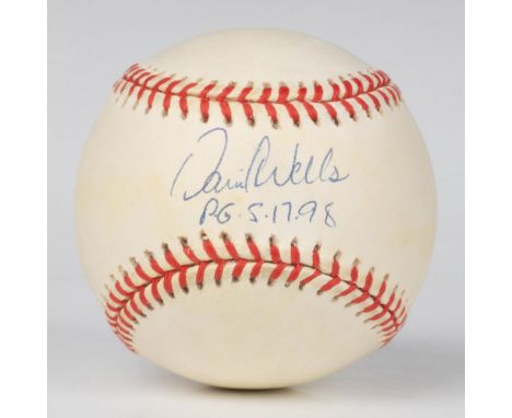 Official American League signed by David Wells. Rawlings backstamp. Certificate of Authenticity from Clubhouse Cards and Spor