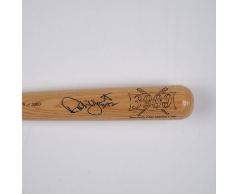 Laser-etched commemorative bat celebrating baseball's elite hitting club, signed by Robin Yount. This item comes in a plastic