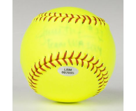 Softball signed by Jennie Finch from Team USA 2004. Mizuno backstamp. Certificate of Authenticity from Locker Room Memorabili