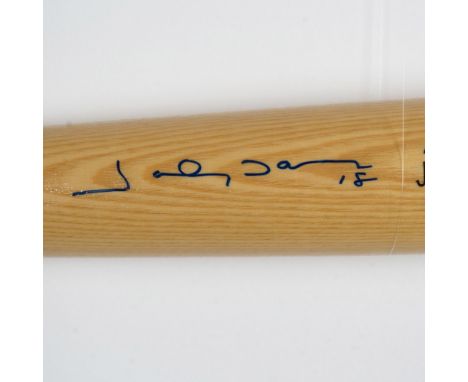 Rawlings Big Stick Adirondack model bat, featuring natural wood tones and a stylish blue band signed by Johnny Damon. Rawling