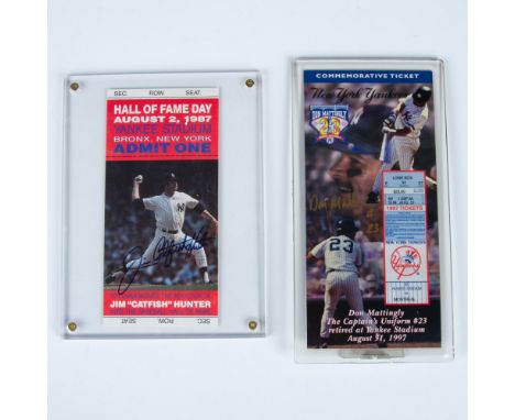 This pair includes a photo ticket to the Hall of Fame Day in 1987 signed by Jim Catfish Hunter and a commemorative ticket to 