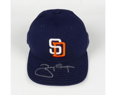 This is a blue fixed back cap with Padres' logo on front and hand signed in white by Hall of Famer, Autographed by Tony Gwynn