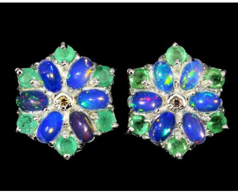 A pair of 925 silver opal and emerald set cluster earrings, L. 2cm.