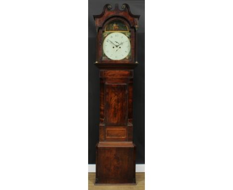 A 19th century Birmingham mahogany longcase clock, 35.5cm arched painted dial with Arabic numerals, subsidiary seconds and ca