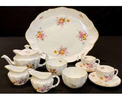 A Royal Crown Derby Posies pattern miniature cabaret set comprising tray, teapot, cream jugs, sugar bowls, cups and saucers 