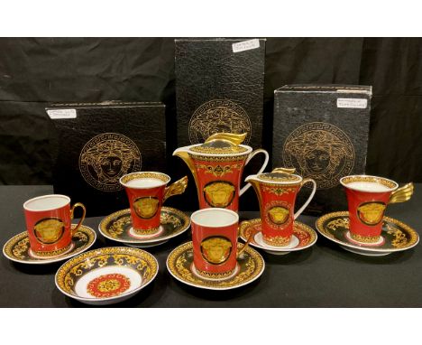 A Rosenthal Versace Medusa pattern bachelor's Ikarus coffee pot and cover with stand, Ikarus cream jug and cover with stand, 