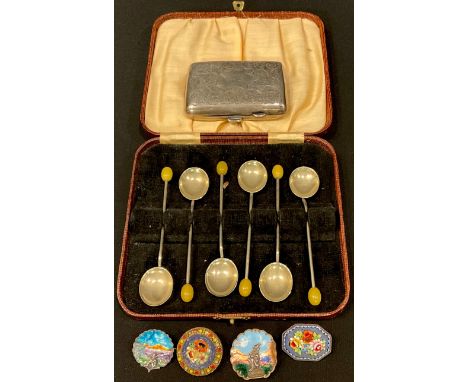 A George V silver rounded rectangular cigarette case, Birmingham 1914; a set of six EPNS coffee bean spoons; two Italian micr