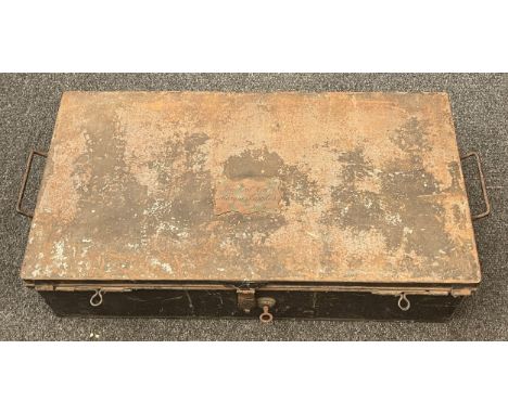 A Victorian black painted tin trunk fitted with lock and retaining original key with engraved brass plaque to the lid "The Mo