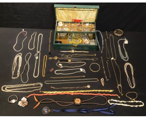 Costume Jewellery - an apple pendant, a simulated pearl necklace and others; gold plated and base metal chains; a metal bangl