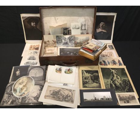 A collection of Old Master and 19th century prints, etc, contained in leather suitcase and portfolio; a box of ephemera, WWI 