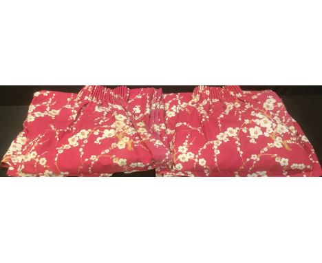 Textiles - a pair of Laura Ashley Lori pattern curtains, blossoming prunus on red ground, 147cm drop x 270cm wide across bott
