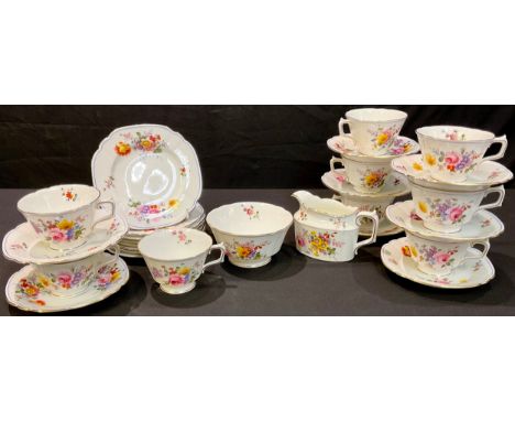 A Royal Crown Derby Posies blue line border tea service for eight comprising cream jug, sugar bowl, side plates, cups and sau