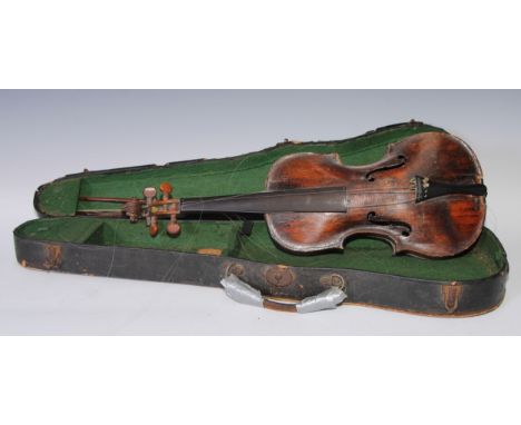 A 19th century violin, the one piece back 35cm excluding button, boxwood tuning pegs, 59cm long overall, cased, the bows unsi