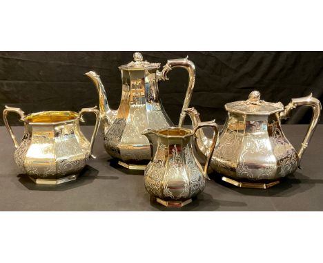 A Victorian plated four piece tea service, bright engraved, fruiting finials, c.1870 