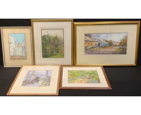 Pictures and Prints - Geoff Kersey, The Farmyard, signed, watercolour, 22cm x 43cm; Liz Greenfield, Arch Bridge, signed, wate