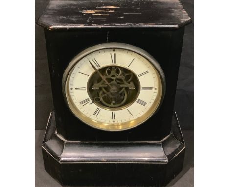 A late 19th century French mantel clock, Roman numerals on white chapter ring, open dial, 22.5cm high 