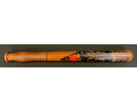 A Victorian turned and painted police truncheon, by Parker, 233 Holborn, decorated in polychrome and gilt with crowned VR cyp