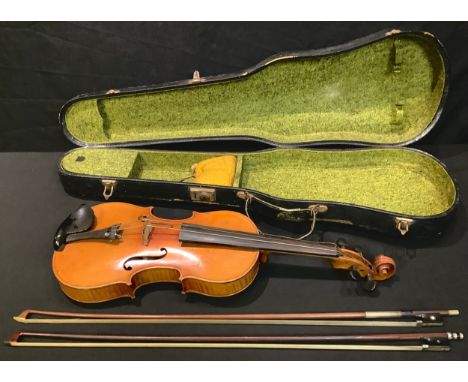 A violin, the two-piece back 36cm long excluding button, paper Stradivarius label, the bow apparently unsigned, 73.5cm long 