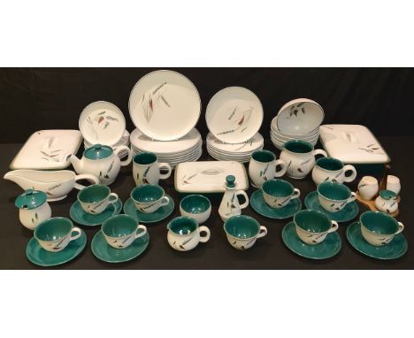 A Denby Green Wheat pattern dinner, oven to table and tea service, designed by Albert Colledge; qty 