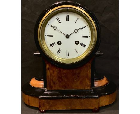An early 20th century walnut and ebonised dome top mantel clock, French Japy-Freres movement, Roman numerals on white enamel 